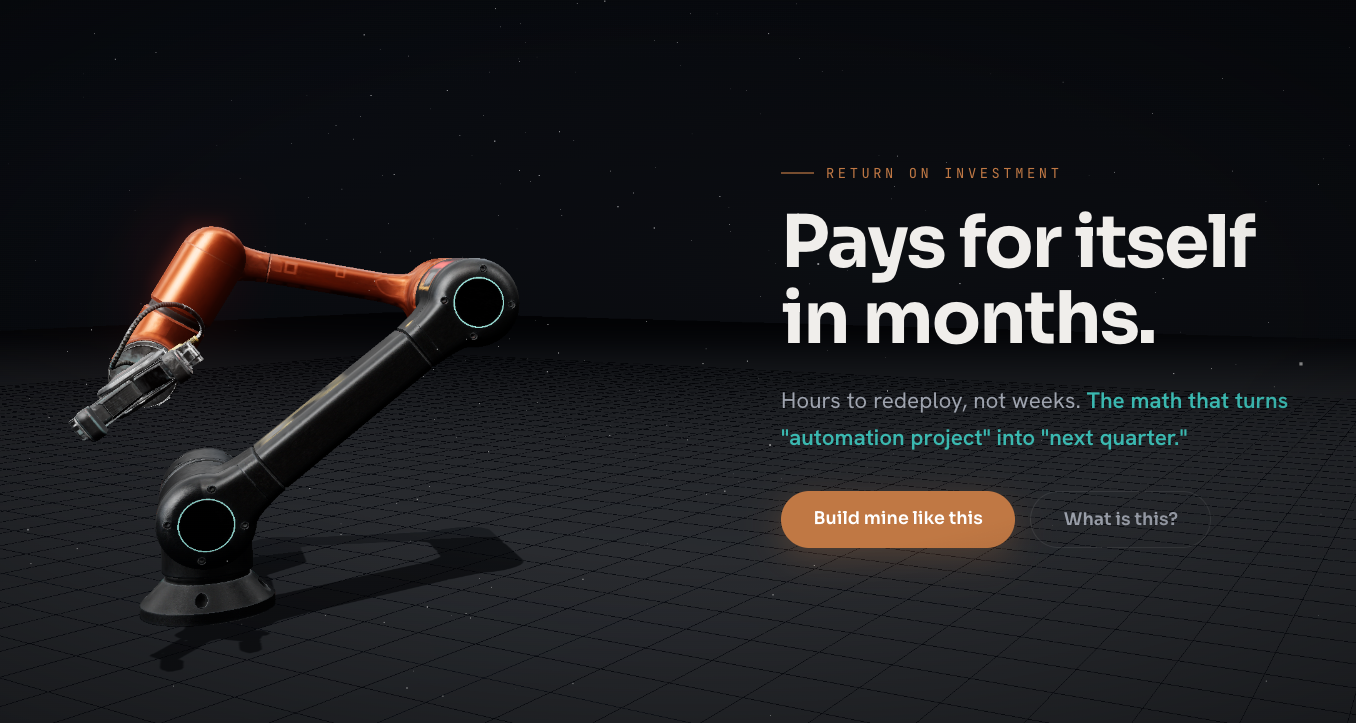 Interactive 3D industrial robot arm showcase with scroll-scrubbed motion and real-time spec reveals